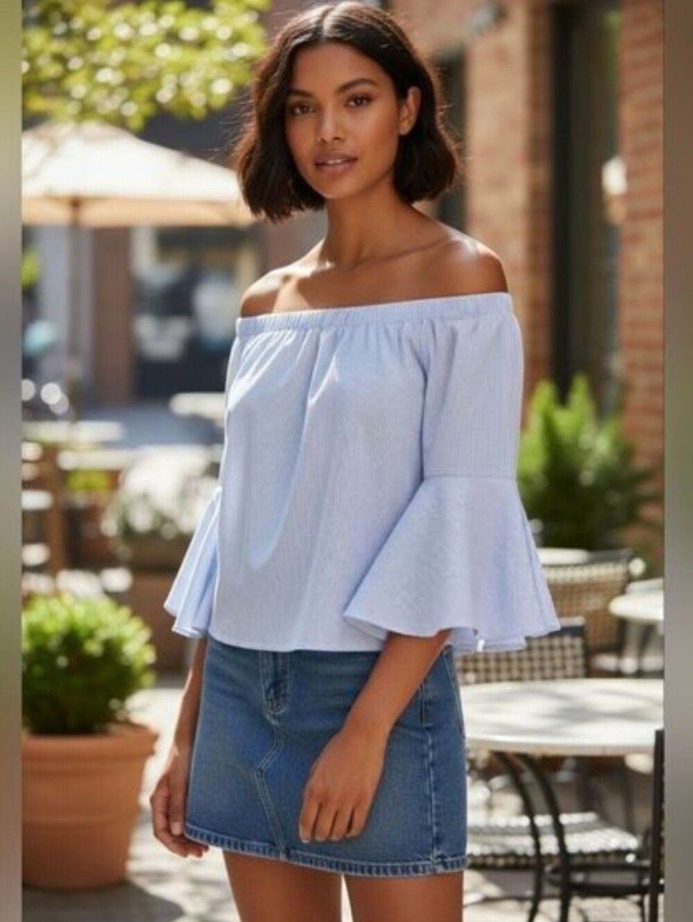 Forever 21 Striped Off-Shoulder Blue Blouse